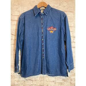 Vintage Longaberger Top Womens Medium Denim Blue Jean Button Up Patriotic Stars